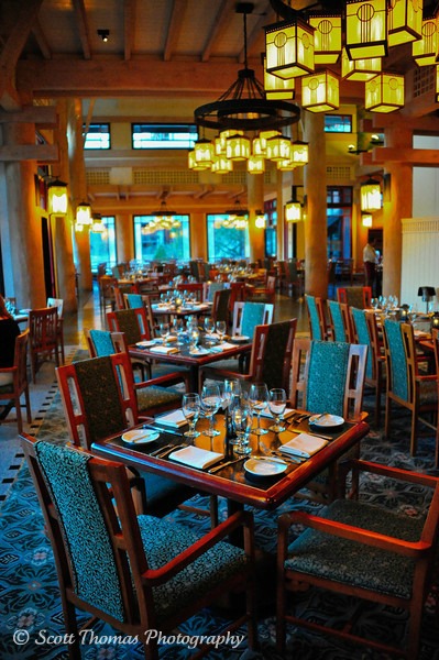 Artist Point restaurant dining room waiting for Wilderness Lodge Resort guests to arrive, Walt Disney World, Orlando, Florida Artist Point restaurant dining room waiting for Wilderness Lodge Resort guests to arrive, Walt Disney World, Orlando, Florida