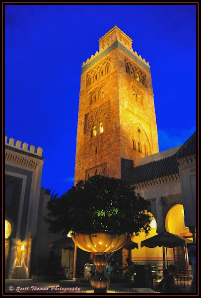 Koutoubia Minaret at night in Epcot's Morocco in the World Showcase,Walt Disney World, Orlando, Florida