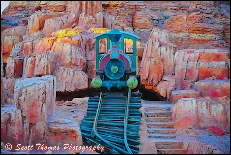Big Thunder Mountain Railroad engine appearing over a ridge in the Magic Kingdom, Walt Disney World, Orlando, Florida.