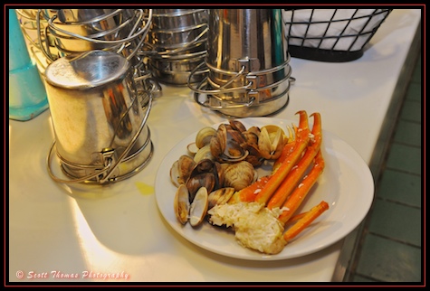 Snow Crab Legs and Steamed Clams from the Cape May Buffet at the Beach Club, Walt Disney World, Orlando, Florida.