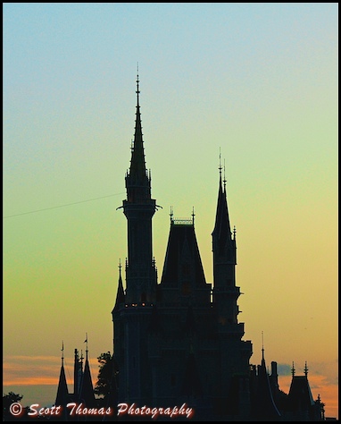 Adjusted photo of Cinderella Castle at dusk in the Magic Kingdom, Walt Disney World, Orlando, Florida