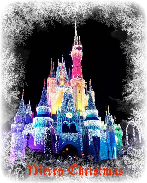 Rainbow colors light up Cinderella Castle during the Christmas holiday celebration at the Magic Kingdom, Walt Disney World, Orlando, Florida