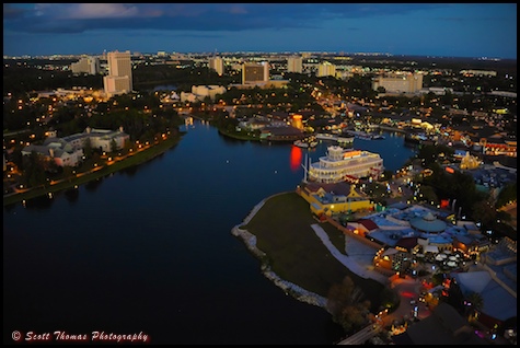 Disney Downtown Marketplace and Lake Buena Vista hotels from the Characters in Flight balloon, Walt Disney World, Orlando, Florida