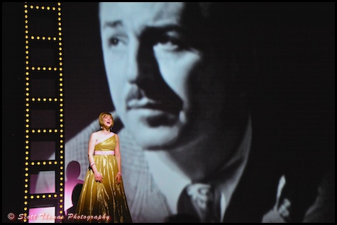 Bashful Stage Manager turned Master of Ceremonies sings a tribute to Walt Disney during the Golden Mickeys show in the Walt Disney Theatre.