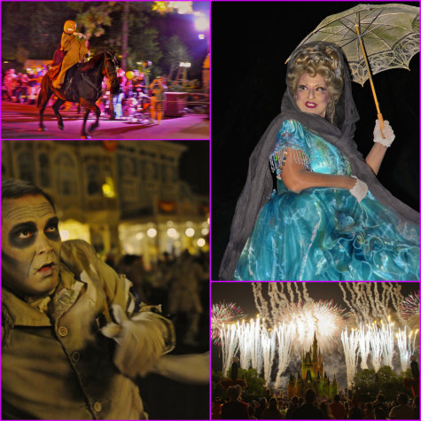 A collage of Halloween fun during a Mickey's Not So Scary Halloween Party in the Magic Kingdom, Walt Disney World, Orlando, Florida.