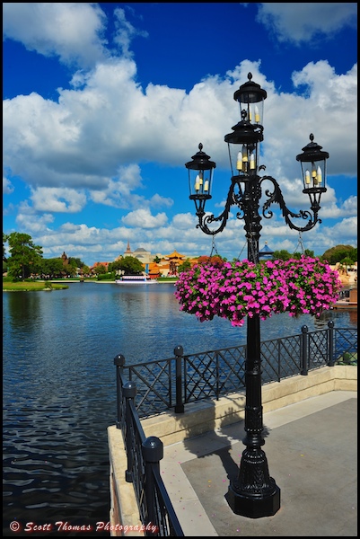 Hanging flowers on a lamp post in Epcot's Italy pavilion, Walt Disney World, Orlando, Florida.
