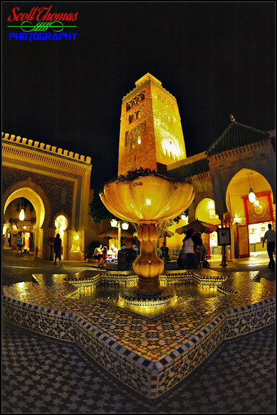 Morocco pavilion at night in Epcot's World Showcase, Walt Disney World, Orlando, Florida