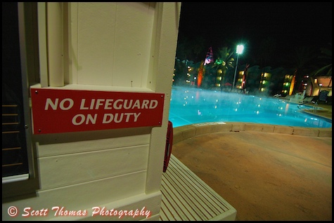 No Lifeguard on Duty as steam rises from the Main Pool at the All Star Sports resort, Walt Disney World, Orlando, Florida