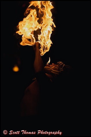 Fire dancer performing during the Festival of the Lion King show in Disney's Animal Kingdom, Walt Disney World, Orlando, Florida