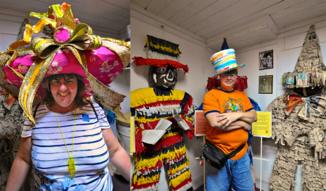 Scott and his wife try on colorful and heavy Junkanoo hats in Nassau, Bahamas.