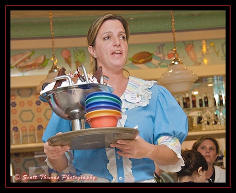 The Kitchen Sink ice cream sundae being delivered at the Beaches and Cream restaurant, Walt Disney World, Orlando, Florida
