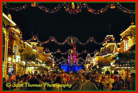 Magic Kingdom's Main Street USA all decked out for Christmas, Walt Disney World, Orlando, Florida.