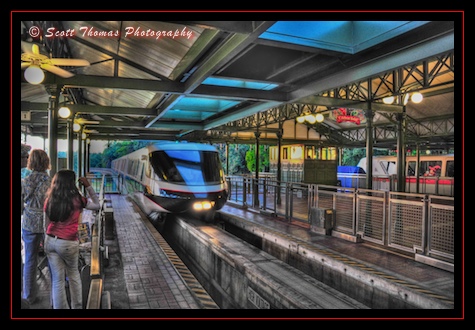 Monorail Black entering the Magic Kingdom station, Walt Disney World, Orlando, Florida