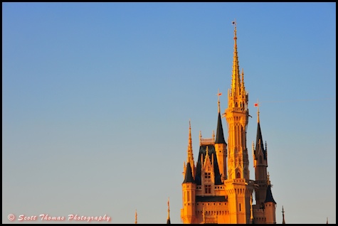 Spires and towers of Cinderella Castle in the Magic Kingdom, Walt Disney World, Orlando, Florida.