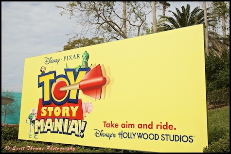 Toy Story Mania billboard outside the entrance to Disney's Hollywood Studios, Walt Disney World, Orlando, Florida.
