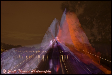 Long exposure nighttime zoomed photo of Expedition Everest in Disney's Animal Kingdom, Walt Disney World, Orlando, Florida.