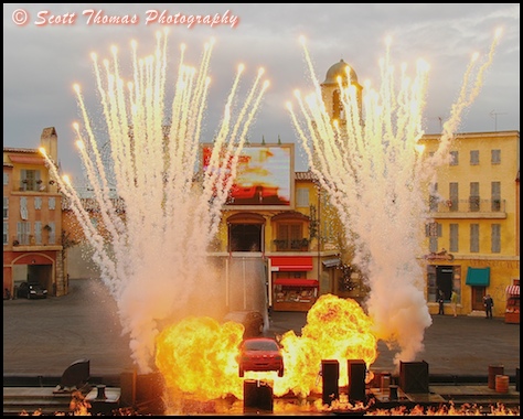 The explosive finale of the Lights, Motors, Action Extreme Stunt Show in Disney's Hollywood Studios, Walt Disney World, Orlando, Florida.