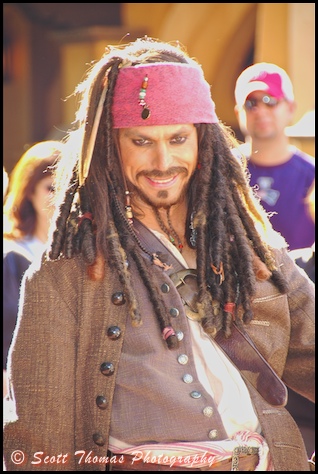 Captain Jack Sparrow during his Pirates Tutorial show in the Magic Kingdom, Walt Disney World, Orlando, Florida