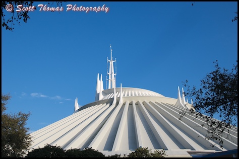 Wide view of Space Mountain in the Magic Kingdom, Walt Disney World, Orlando, Florida.