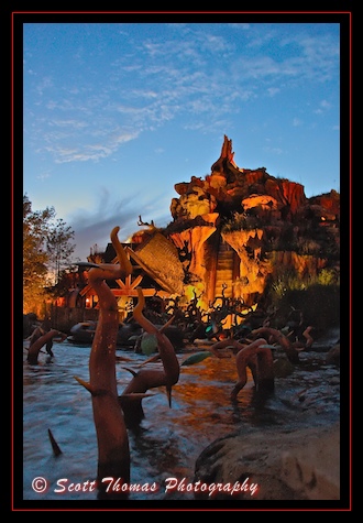 A calm Splash Mountain just after sunset in the Magic Kingdom, Walt Disney World, Orlando, Florida