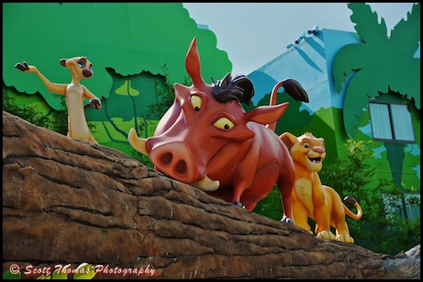 Timon, Pumba and young Simba at Disney's Art of Animation resort, Walt Disney World, Orlando, Florida.