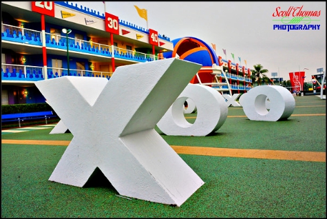 Football field at Disney's All Star Sports Resort with oversized X's and O's, Walt Disney World, Orlando, Florida