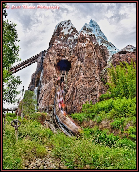 Guests fly down the side of Expedition EVEREST in Disney's Animal Kingdom, Walt Disney World, Orlando, Florida
