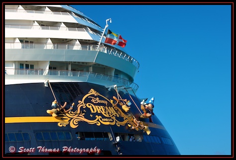 Sorcerer's Apprentice Mickey Mouse cleans the bow of the Disney Dream cruise ship, Disney Cruise Line, Bahamas Sorcerer's Apprentice Mickey Mouse cleans the bow of the Disney Dream cruise ship, Disney Cruise Line, Bahamas