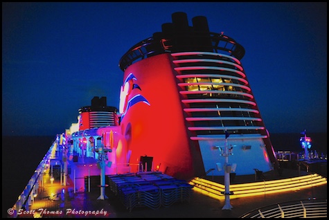 The Disney Dream early in the morning sailing Caribbean waters near Castaway Cay, Bahamas