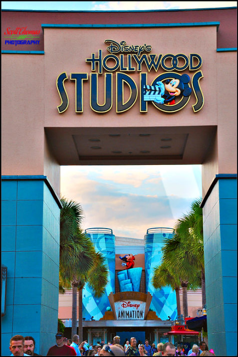 Archway into the Animation Courtyard with the Art of Animation entrance in Disney's Hollywood Studios, Walt Disney World, Orlando, Florida