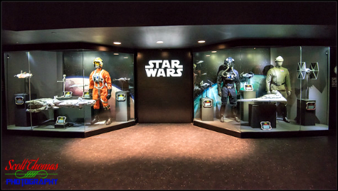 Star Wars movie models, wardrobe and props on display inside the Launch Bay at Disney's Hollywood Studios, Walt Disney World, Orlando, Florida
