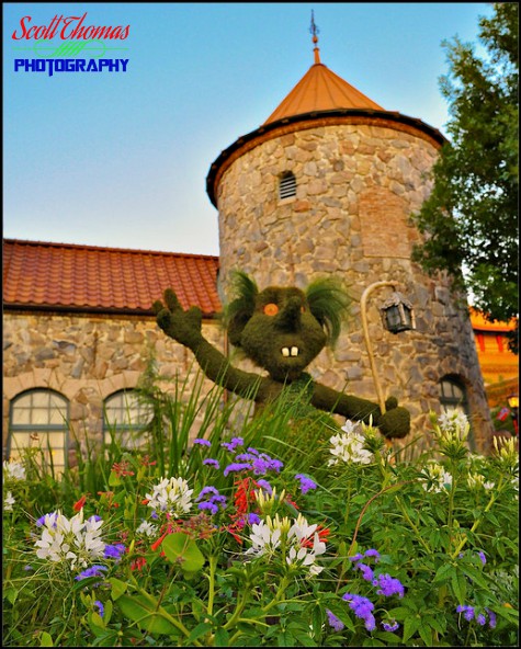 Troll topiary among the flowers at Epcot's Norway pavilion in World Showcase, Walt Disney World, Orlando, Florida