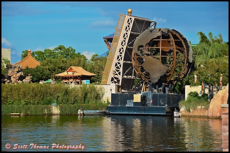 IllumiNations Earth barge entering Epcot's World Showcase lagoon, Walt Disney World, Orlando, Florida