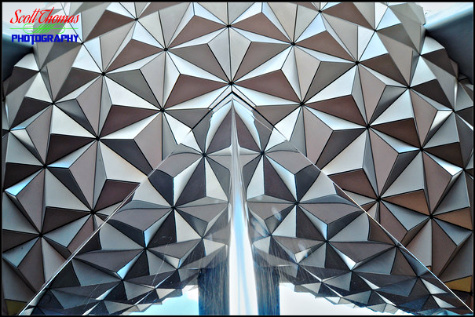 Triangle surfaces make up the exterior of Spaceship Earth at Epcot's Future World, Walt Disney World, Orlando, Florida