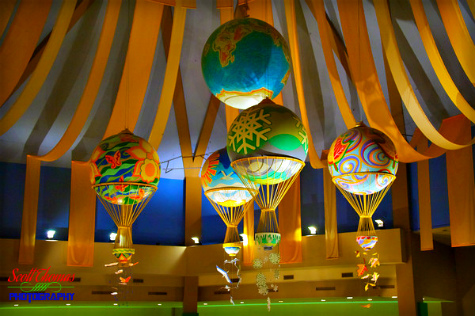 Hot air balloons above the Sunshine Seasons food court in The Land pavilion in Epcot's Future World, Walt Disney World, Orlando, Florida
