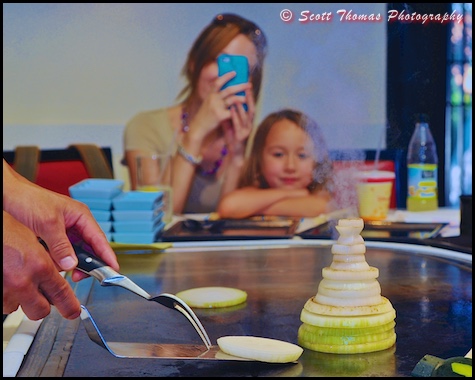 Onion volcano erupting at Teppan Edo restaurant in Epcot's Japan pavilion, Walt Disney World, Orlando, Florida