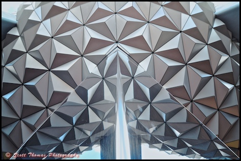 Looking up at Spaceship Earth in Epcot, Walt Disney World, Orlando, Florida.