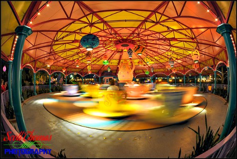 Mad Tea Party in motion at night in Fantasyland at the Magic Kingdom, Walt Disney World, Orlando, Florida
