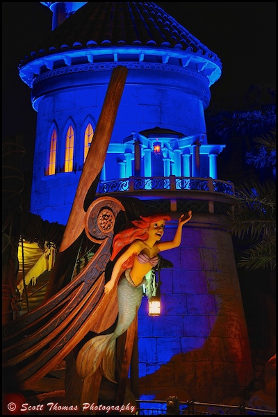 Ariel hanging around the entrance to Journey of the Little Mermaid in the Magic Kingdom, Walt Disney World, Orlando, Florida