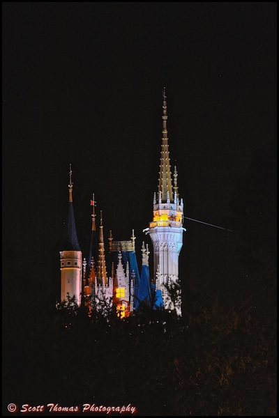 The spires of Cinderella Castle illuminated at night in the Magic Kingdom, Walt Disney World, Orlando, Florida.