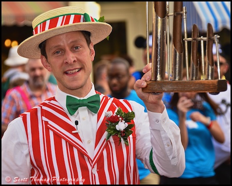 Close up of a Dapper Dan playing the Deagan Organ Chimes on Main Street USA in the Magic Kingdom, Walt Disney World, Orlando, Florida Close up of a Dapper Dan playing the Deagan Organ Chimes on Main Street USA in the Magic Kingdom, Walt Disney World, Orlando, Florida