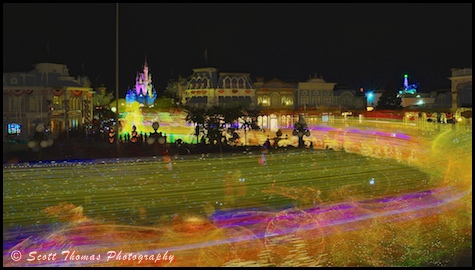 Long expsoure of the Main Street Electrical parade in the Magic Kingdom, Walt Disney World, Orlando, Florida.