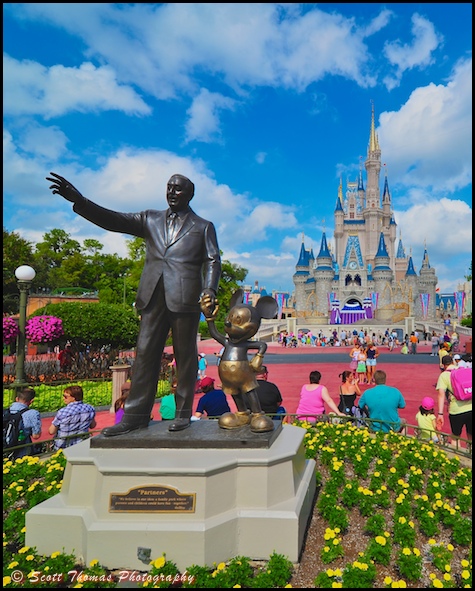 The Partners statue in the hub in front of Cinderella Castle in the Magic Kingdom, Walt Disney World, Orlando, Florida. The Partners statue in the hub in front of Cinderella Castle in the Magic Kingdom, Walt Disney World, Orlando, Florida.
