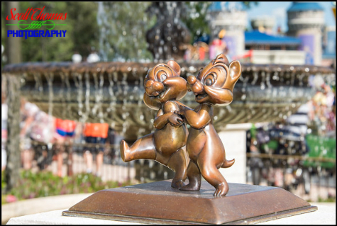 Chip and Dale Chipmunk statuette on the Main Street Plaza Gardens in the Magic Kingdom, Walt Disney World, Orlando, Florida