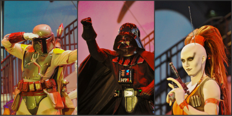 Boba Fett, Darth Vader and Aurra Sing on stage at Hyperspace Hoopla in Disney's Hollywood Studios, Walt Disney World, Orlando, Florida