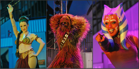 Princess Leia, Chewbacca the Wookie and Ahsoka Tano from Clone Wars on stage at Hyperspace Hoopla in Disney's Hollywood Studios, Walt Disney World, Orlando, Florida