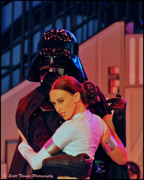 Darth Vader dancing with Padme Amidala, Queen of Naboo, during Hyperspace Hoopla at Disney's Hollywood Studios, Walt Disney World, Orlando, Florida
