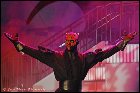 Darth Maul performin on stage during Hyperspace Hoopla at Disney's Hollywood Studios, Walt Disney World, Orlando, Florida
