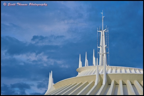 Space Mountain with rain clouds in the Magic Kingdom's Torrowland, Walt Disney World, Orlando, Florida