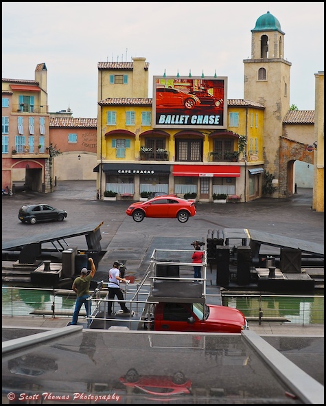 Red Hero car during the Lights, Motors, Action Extreme Stunt Show in Disney's Hollywood Studios, Walt Disney World, Orlando, Florida